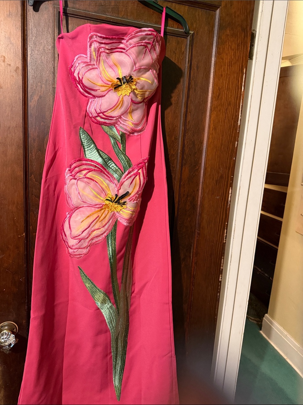 Pink Floral Appliqué Maxi Dress - Sleeveless Strap Style